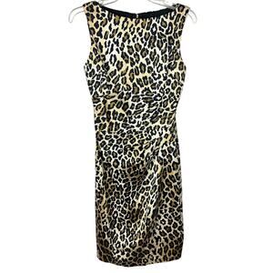Cache Vintage Leopard Print Sleeveless Ruched Fitted Bodycon Midi Dress 6